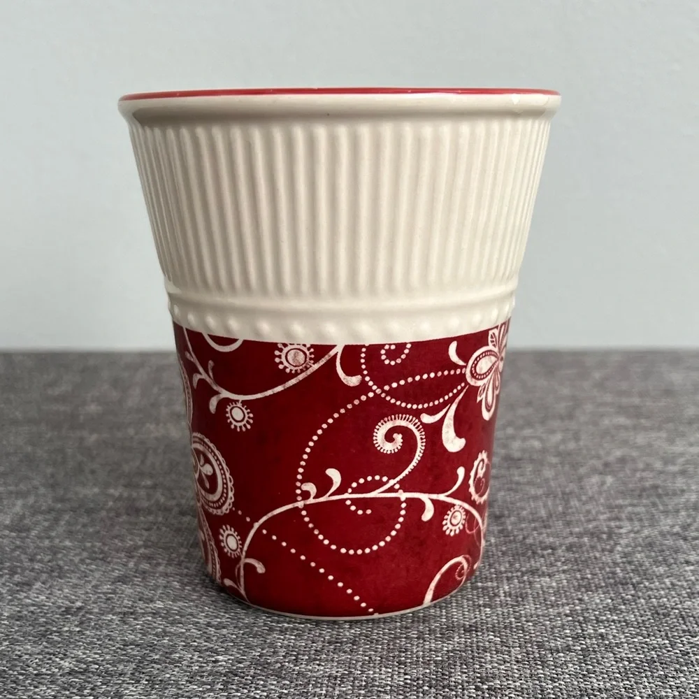 Pier 1 Imports Maribeth Red Cream Floral Coffee Mug Ridged Ironstone CHIPS READ